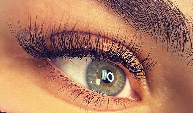 Professional eyelash extensions application by lash artist in salon